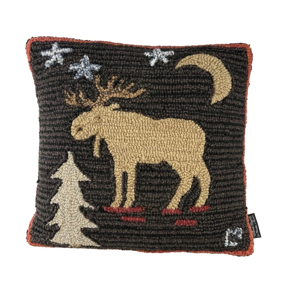 Chandler 4 Corners 18x18 Hooked Wool Pillow Night Moose Laura Megroz Cabin Decor